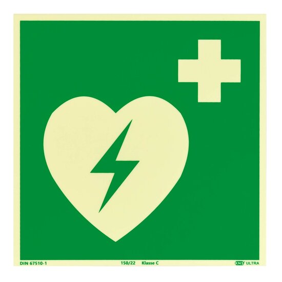 AED Bord (E010) / Defibrillator Fotoluminescerend Veiligheidsbord - Zelfklevend - 20 x 20 cm
