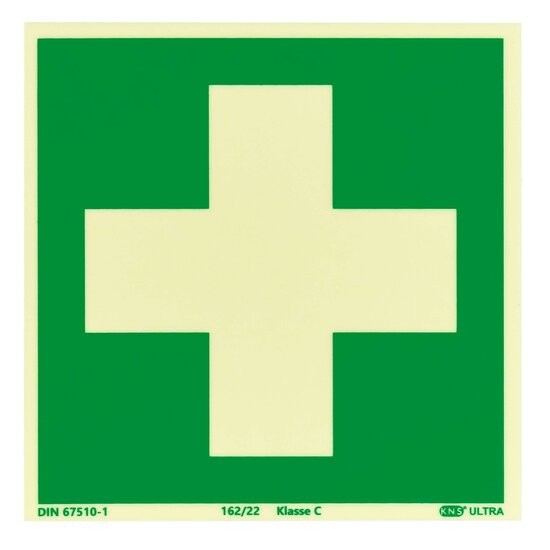 EHBO Bord (E003) / Eerste Hulp Fotoluminescerend Veiligheidsbord - Zelfklevend - 15 x 15 cm