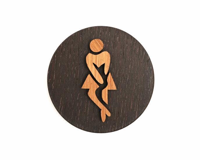 Houten Pictogram Deurbordje / Toiletbordje / Infobord - 9cm - Zelfklevend - type Zwart Eiken (Vrouw Hoge Nood)