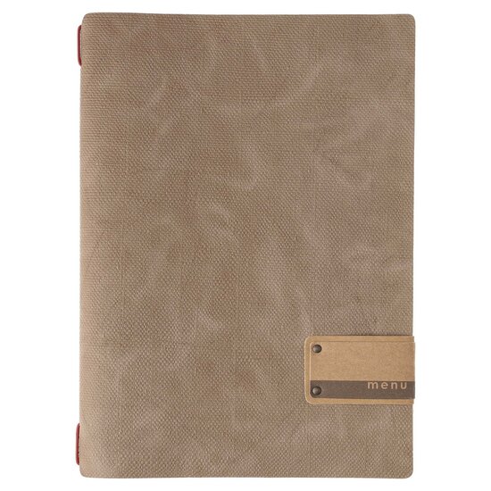 A4 Menumap met insteekhoezen (uitbreidbaar van 4 tot 8 menukaarten) - Type: Juta Bruin - Patch "Menu"