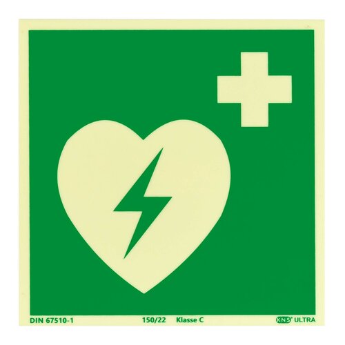 AED Bord (E010) / Defibrillator Fotoluminescerend Veiligheidsbord - Zelfklevend - 15 x 15 cm