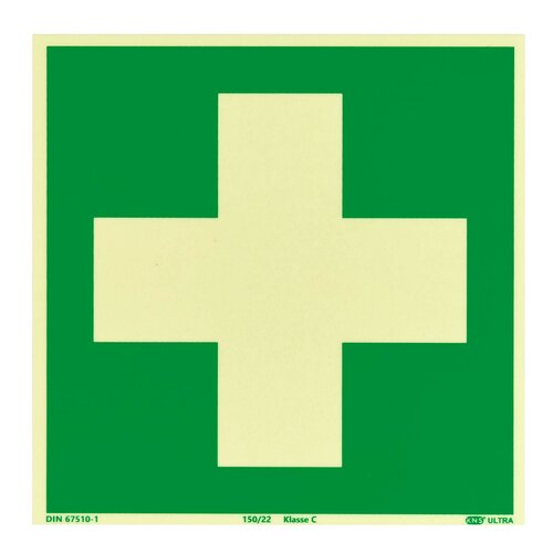 EHBO Bord (E003) / Eerste Hulp Fotoluminescerend Veiligheidsbord - Zelfklevend - 20 x 20 cm