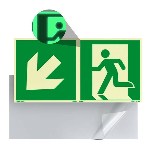 Nooduitgang Bord Links Beneden (E001) / Vluchtweg Fotoluminescerend Veiligheidsbord - Zelfklevend - 30 x 15 cm