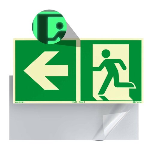Nooduitgang Bord Links (E001) / Vluchtweg Fotoluminescerend Veiligheidsbord - Zelfklevend - 30 x 15 cm