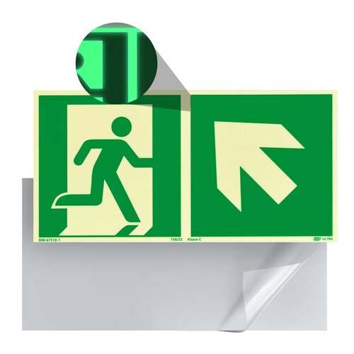 Nooduitgang Bord Links Boven (E001) / Vluchtweg Fotoluminescerend Veiligheidsbord - Zelfklevend - 30 x 15 cm