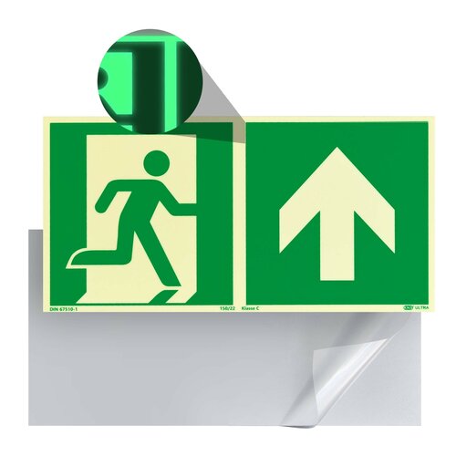 Nooduitgang Bord Rechtdoor / Boven (E002) / Vluchtweg Fotoluminescerend Veiligheidsbord - Zelfklevend - 30 x 15 cm