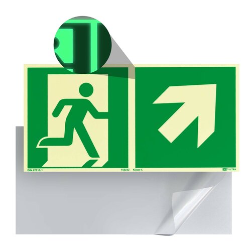 Nooduitgang Bord Rechts Boven (E002) / Vluchtweg Fotoluminescerend Veiligheidsbord - Zelfklevend - 30 x 15 cm
