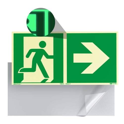 Nooduitgang Bord Rechts (E002) / Vluchtweg Fotoluminescerend Veiligheidsbord - Zelfklevend - 30 x 15 cm