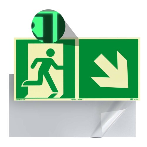 Nooduitgang Bord Rechts Beneden (E002) / Vluchtweg Fotoluminescerend Veiligheidsbord - Zelfklevend - 30 x 15 cm