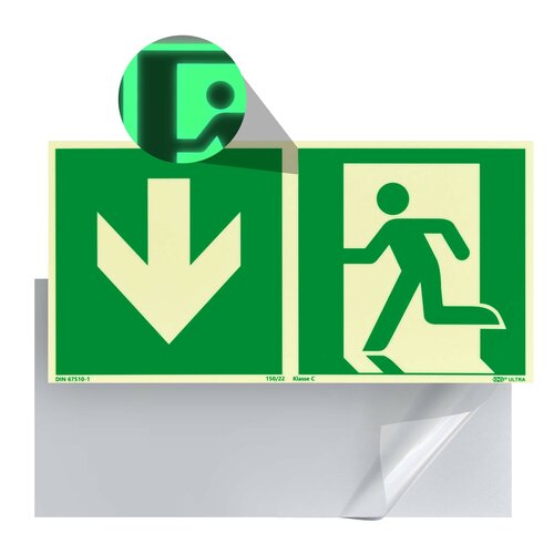 Nooduitgang Bord Beneden / Rechtdoor (E002) / Vluchtweg Fotoluminescerend Veiligheidsbord - Zelfklevend - 30 x 15 cm